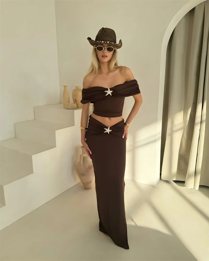 Sleeveless Sexy Skirt Two Pieces Sets Women Off-shoulder Crop Tops And Elegant Thigh Split Long Skirt Two Pieces Sets