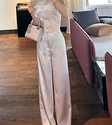 Elegant Two Piece Sets for Women Strapless Sleeveless Spliced 3D Flower Vest High Waist Wide Leg Pant Set Female