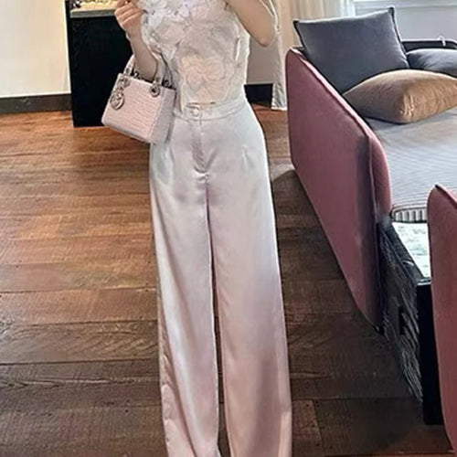 Load image into Gallery viewer, Elegant Two Piece Sets for Women Strapless Sleeveless Spliced 3D Flower Vest High Waist Wide Leg Pant Set Female
