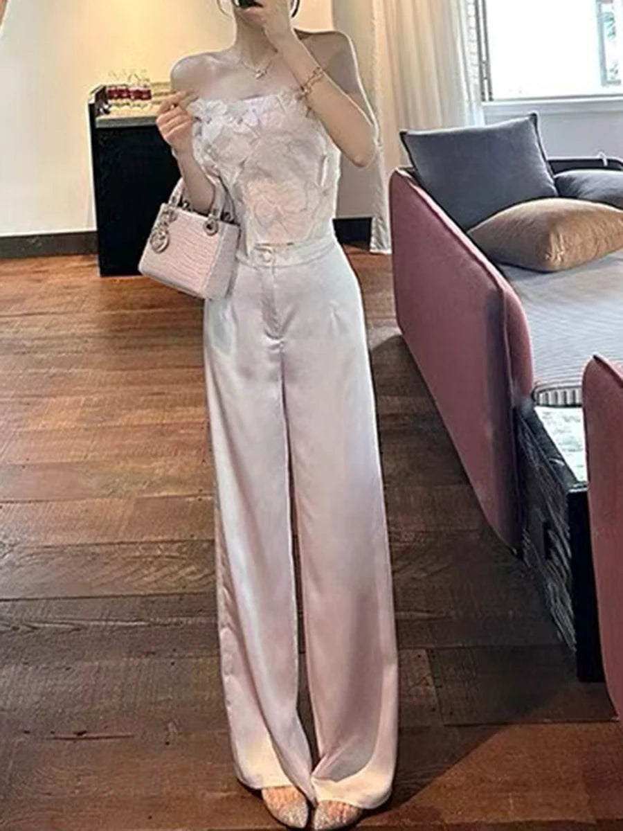 Elegant Two Piece Sets for Women Strapless Sleeveless Spliced 3D Flower Vest High Waist Wide Leg Pant Set Female