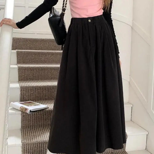 Load image into Gallery viewer, Khaki Elegant Pleated Skirt For Women Pockets Office Ladies Casual A-line Elastic High Waist Black Long Skirt 2023 Autumn Winter
