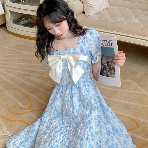 Load image into Gallery viewer, Sweet Fairy Floral Dress Women Preppy Style Soft Kawaii Flower Print Princess Short Dresses Square Collar Summer Bow
