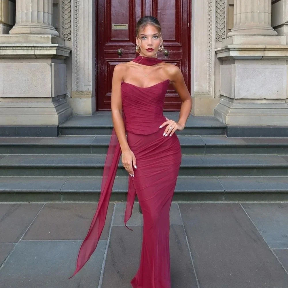 Elegant 2 Pieces Dress Set with Scarf Women Fashion Matching Sets Sexy Cropped Top and Long Dress Set Casual Dress