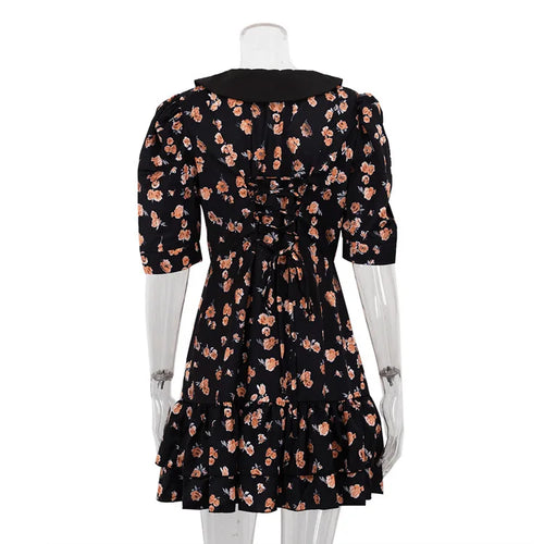 Load image into Gallery viewer, Short Sleeve Floral Mini Dress For Women Robe Turn-down Collar Elegant French Dress Ladies Fashion High Waist Dresses
