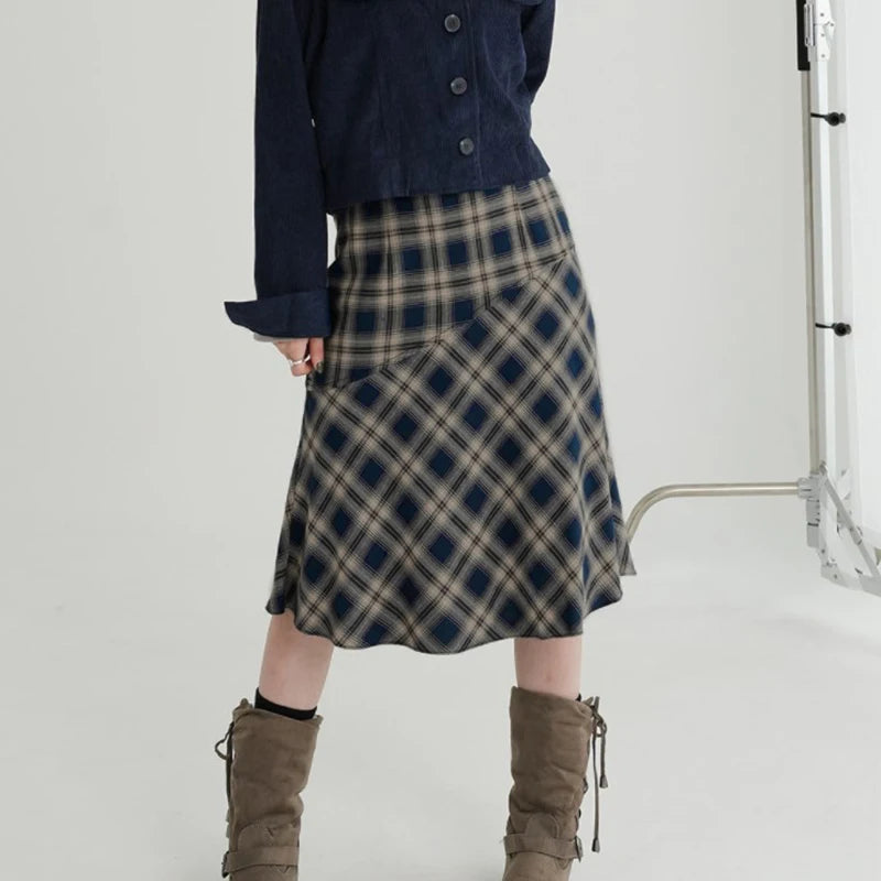 Vintage y2k England Style Midi Skirt Japanese Korean Chic Plaid Skirt Women Stitched Bottoms Preppy Checkered Outfits