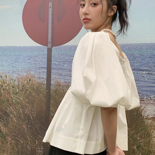 Load image into Gallery viewer, Slim Elegant Shirt For Women Slash Neck Puff Sleeve Solid Minimalist Blouses Female Summer Clothing Style
