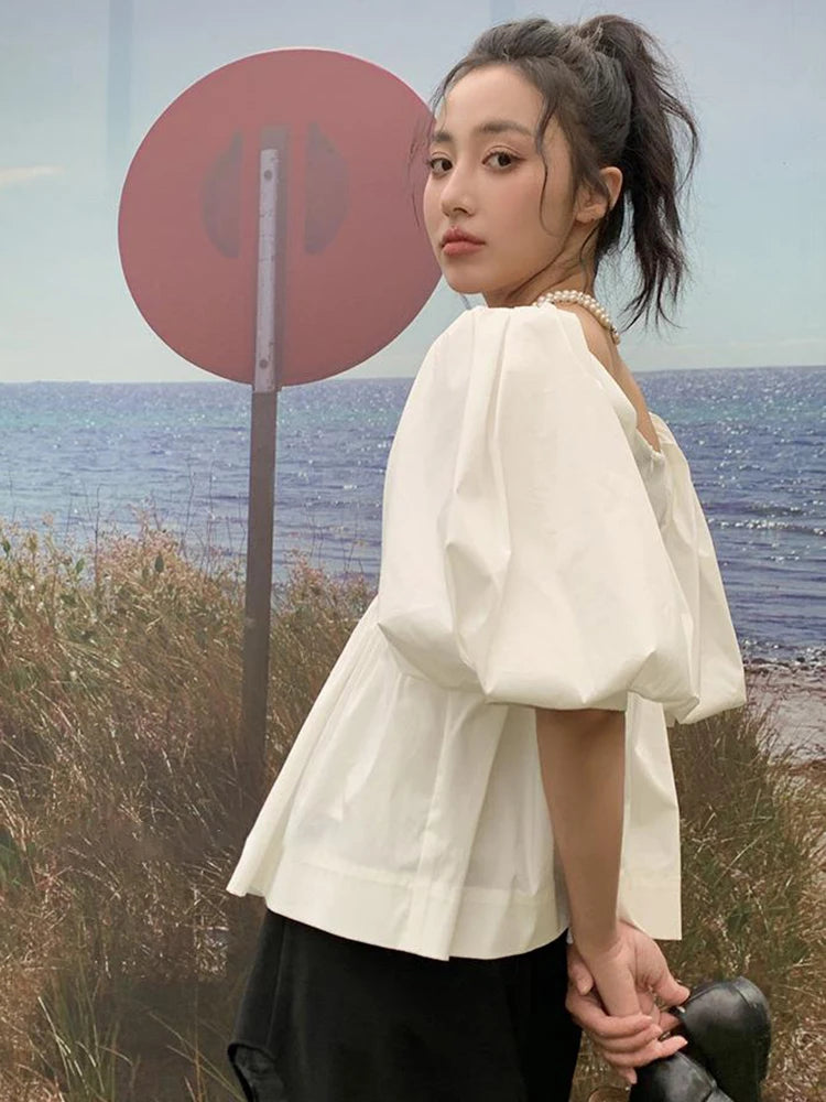 Slim Elegant Shirt For Women Slash Neck Puff Sleeve Solid Minimalist Blouses Female Summer Clothing Style