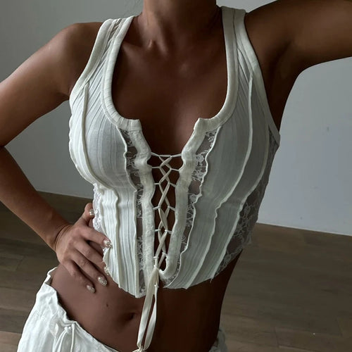 Load image into Gallery viewer, Fashion Sexy White Lace Spliced Bodycon Tank Camis Club Party Front Tie Up Vest Stitched Short Summer Crop Tops Women
