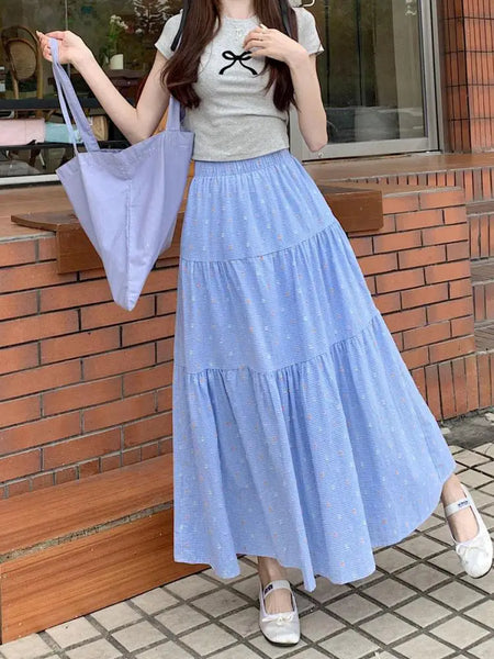 Korean 2024 Spring Summer Women Blue Embroidery Pleated Long Skirts Yellow Elastic High Waist Vacation Party Half Skirt Bohemian