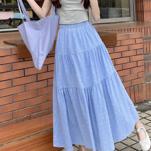 Load image into Gallery viewer, Korean 2024 Spring Summer Women Blue Embroidery Pleated Long Skirts Yellow Elastic High Waist Vacation Party Half Skirt Bohemian
