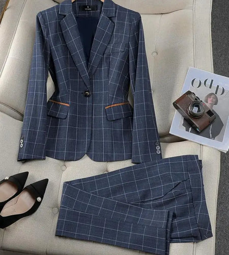 Spring Autumn New Retro Plaid Elegant Blazer Coat And High Waist Wide Leg Pant Two Piece Set Women's Suit Business Clothing