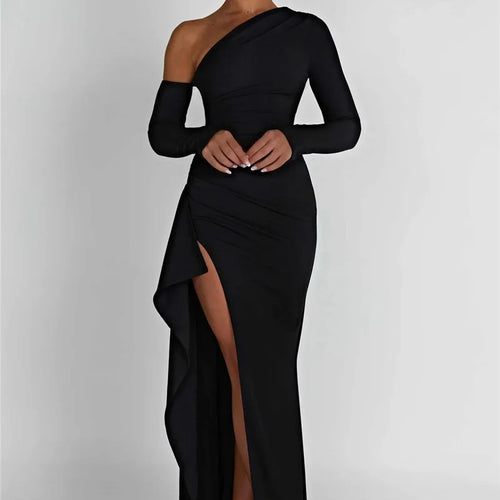 Load image into Gallery viewer, Oblique Shoulder Thigh High Split Maxi Dress Women Long Sleeve Backless Bodycon Sexy Club Party Long Dress Vestidos
