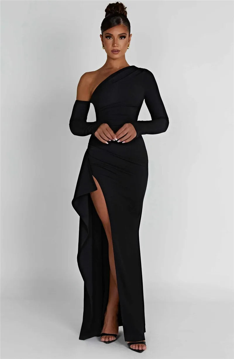Oblique Shoulder Thigh High Split Maxi Dress Women Long Sleeve Backless Bodycon Sexy Club Party Long Dress Vestidos