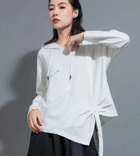 Women White Irregular Ribbon Big Size Casual T-shirt New Hooded Long Sleeve Fashion Tide Spring Autumn 2025 1DH0999