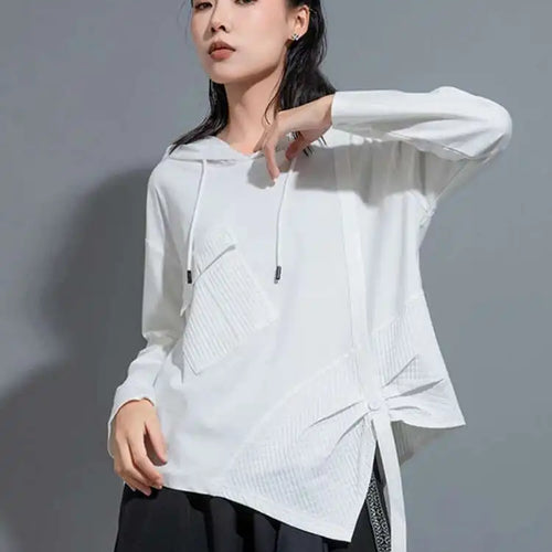 Load image into Gallery viewer, Women White Irregular Ribbon Big Size Casual T-shirt New Hooded Long Sleeve Fashion Tide Spring Autumn 2025 1DH0999
