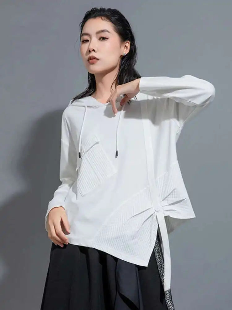 Women White Irregular Ribbon Big Size Casual T-shirt New Hooded Long Sleeve Fashion Tide Spring Autumn 2025 1DH0999