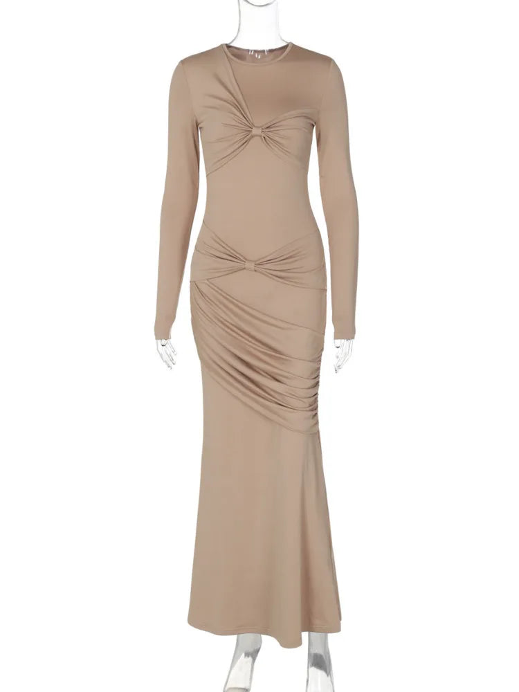 Long Sleeve Ruched Sexy Maxi Dress For Women Autumn New Fashion Solid O Neck Bodycon Long Dress Elegant Clubwear