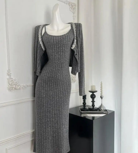 Vintage French Women's Autumn Winter Gray Sequin Diamond Long Sleeved Single Breasted Tops And Slip Dress Two-piece Sets Fashion