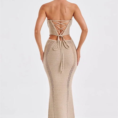 Load image into Gallery viewer, Elegant Knit Skirt Two Piece Sets Women Strapless Bandage Crop Tops And Maxi Skirt Femme Lace Up Sexy Ttwo Piece Sets
