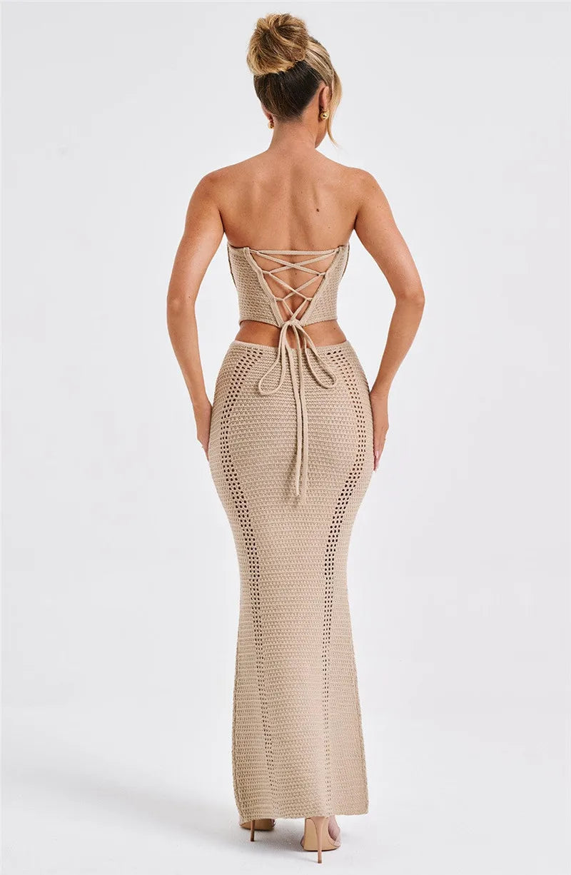 Elegant Knit Skirt Two Piece Sets Women Strapless Bandage Crop Tops And Maxi Skirt Femme Lace Up Sexy Ttwo Piece Sets
