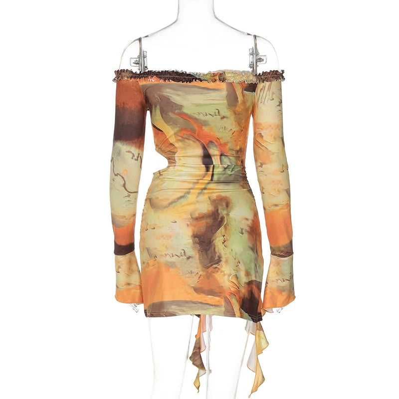 Hollow Out Print Sexy Mini Dress For Women Autumn New Off-shoulder Long Sleeve Bodycon Ruffled Slit Sexy Dress New