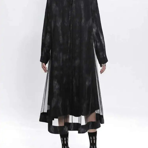 Load image into Gallery viewer, Women Black Hollow Out Mesh Spliced Big Size Dress New Stand Collar Long Sleeve Fashion Tide Spring Autumn 2025 1DJ0051
