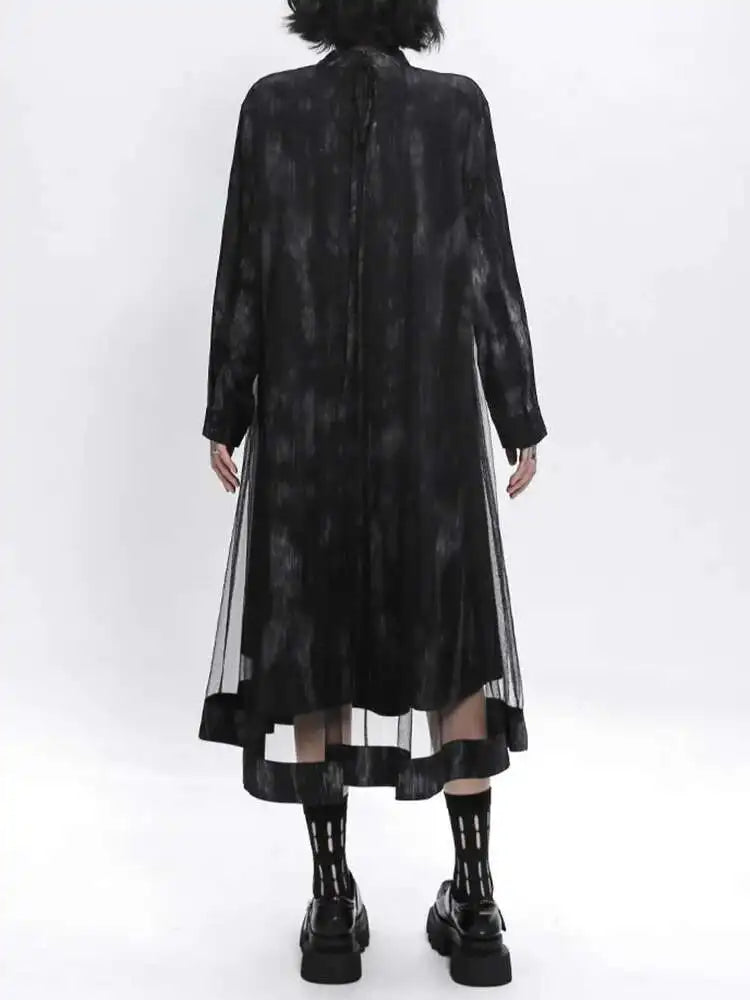 Women Black Hollow Out Mesh Spliced Big Size Dress New Stand Collar Long Sleeve Fashion Tide Spring Autumn 2025 1DJ0051