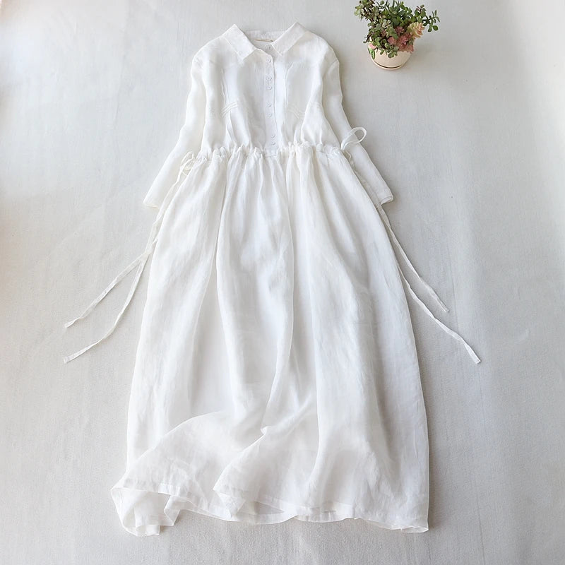 Summer Elegant Dress Women Casual Medium Long Simple Style Vintage Dresses Female Draw String Sash Loose Shirt Dress Elegant