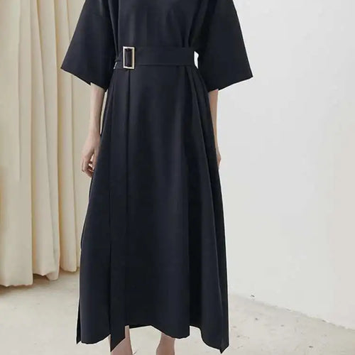 Load image into Gallery viewer, Women Black Brief Belted Elegant Big Size Dress New V-Neck Three-quarter Sleeve Fashion Tide Spring Autumn 2025 1DH6206
