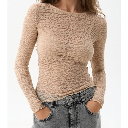 Load image into Gallery viewer, Fashion Long Sleeve Elastic Tight Women Top Round Neck Lace Perspective T-shirt Female Street Autumn/Winter New Clothing
