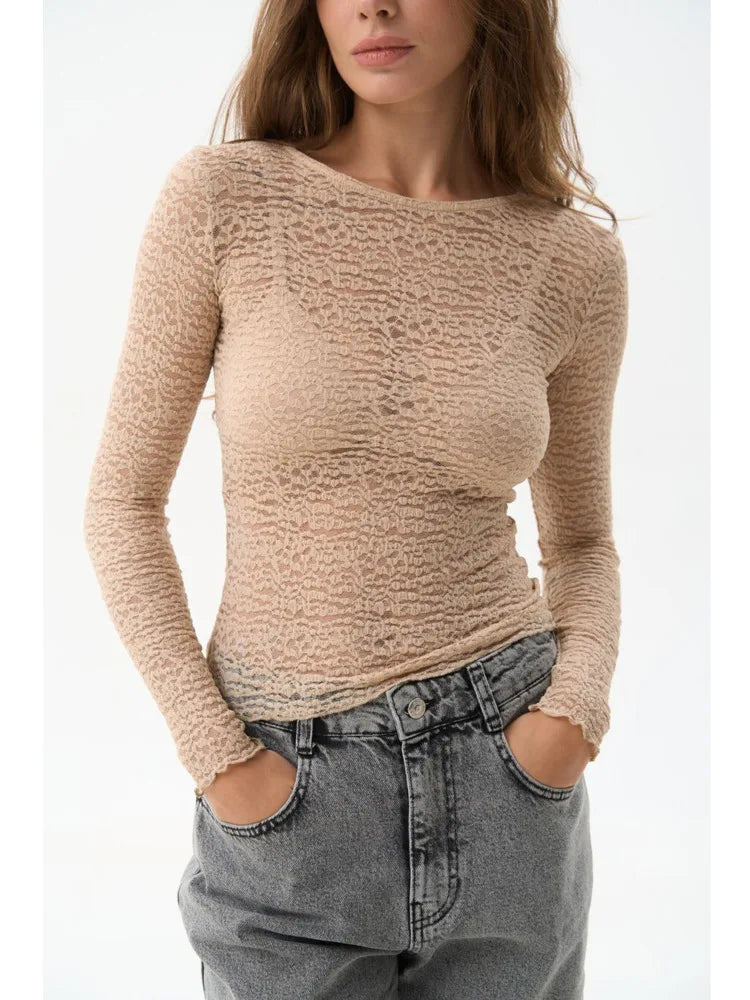 Fashion Long Sleeve Elastic Tight Women Top Round Neck Lace Perspective T-shirt Female Street Autumn/Winter New Clothing