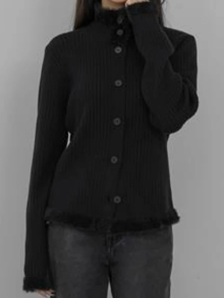 Y2k Aesthetic Fur Patchwork Casual Cardigan Streetwear Stand Neck Vintage Grunge Tops Autumn Single Breasted Harajuku Sweater