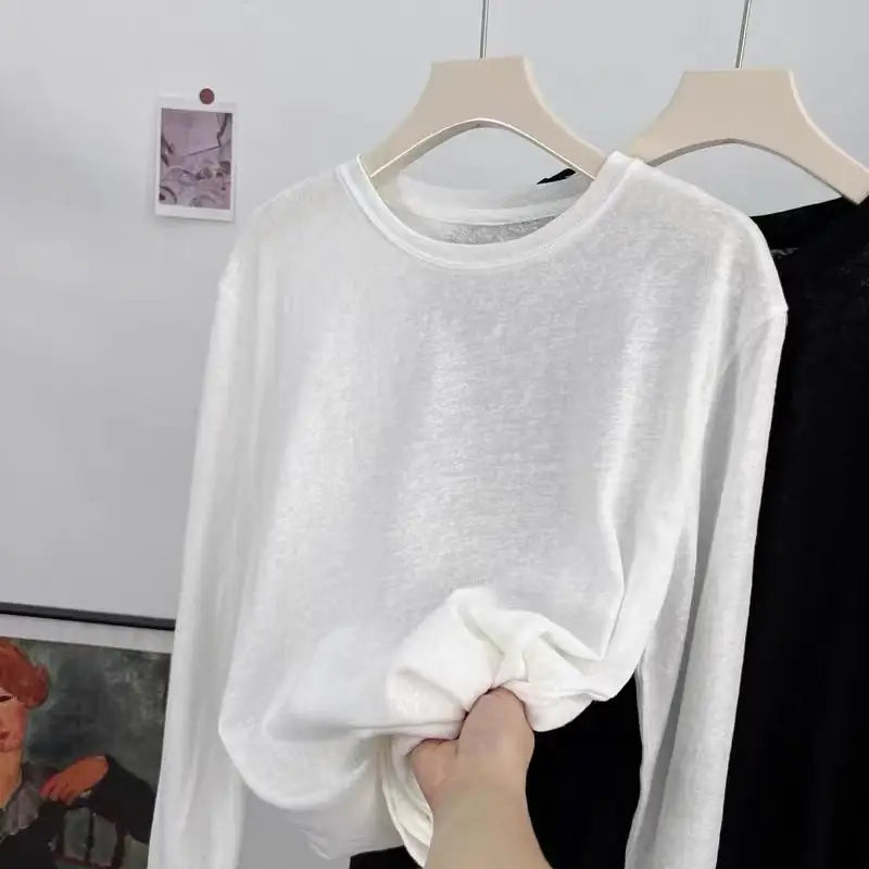 Korean Fashion Women's White Round Neck Versatile Cotton T Shirt Autumn Black Long Sleeves Vacation Pullovers Tops Casual Simple