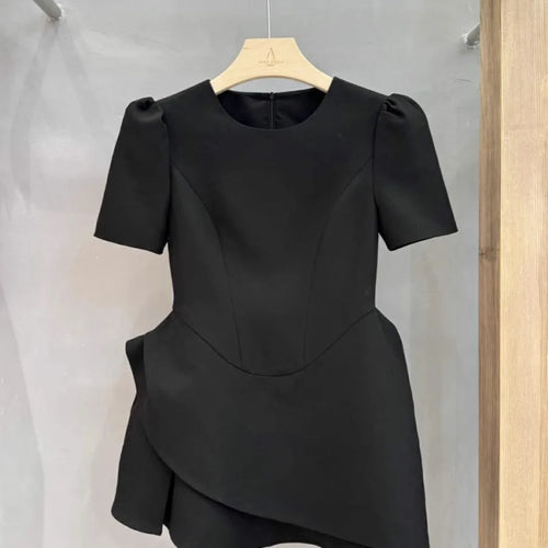 Load image into Gallery viewer, Solid Elegant Mini Dresses for Women O Neck Short Sleeve High Waist Temperament Minimalist Dress Female New
