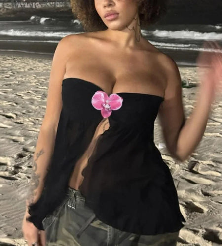 3D Flower Tube Top y2k Women Clothes Off Shoulder Strapless Sleeveless Ruched Split Bandeau Vest 2000s Club Streetwear