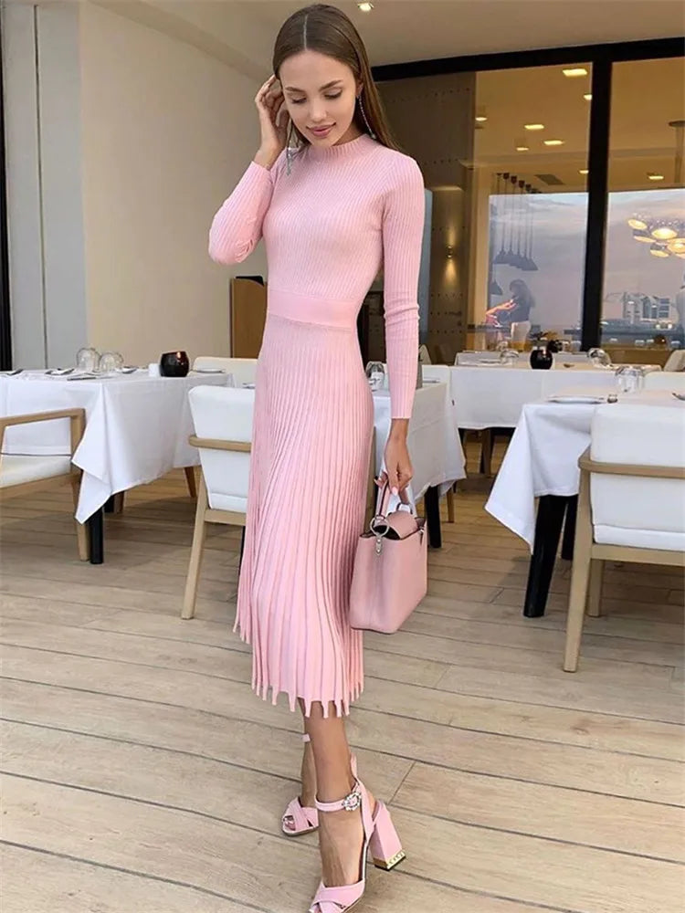 Women Knitted Long Dress Ribbed Elegant Midi Bodycon Sweater Dress Official Ladies Bandage Pleated Dresses Streetweear