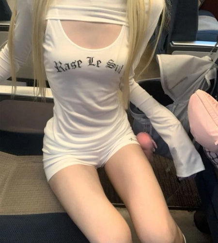 Y2k Aesthetic Two Piece Sets Streetwear Fairy Casual Crop Hooded Tops + Harajuku Letter Print Slim Fit Vest Female Grunge Suit