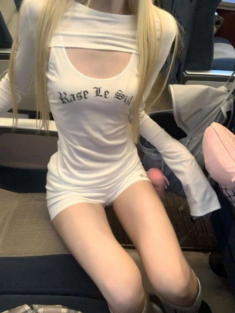 Y2k Aesthetic Two Piece Sets Streetwear Fairy Casual Crop Hooded Tops + Harajuku Letter Print Slim Fit Vest Female Grunge Suit