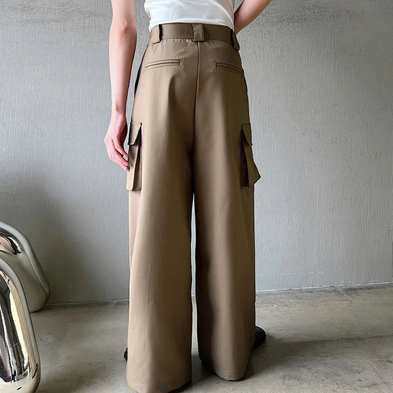 Men's Casual Wide Leg Trousers Korean Style 2023 New High Waist Metal Piece Pocket Decoration Fashionable Pants 9A2104