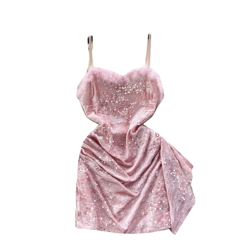 Load image into Gallery viewer, Beige Sexy Club Sequins Furry Slip Dress Black Off Shoulder Backless Fashion Women Slim Autumn Birthday Party Pink Mini Dresses
