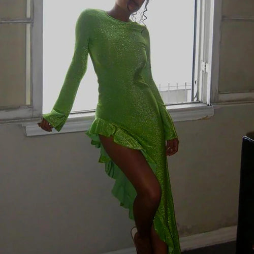 Load image into Gallery viewer, Glitter Thigh High Split Sexy Maxi Dress For Women Gown O Neck Long Sleeve Backless Ruffled Shiny Long Dress Gown
