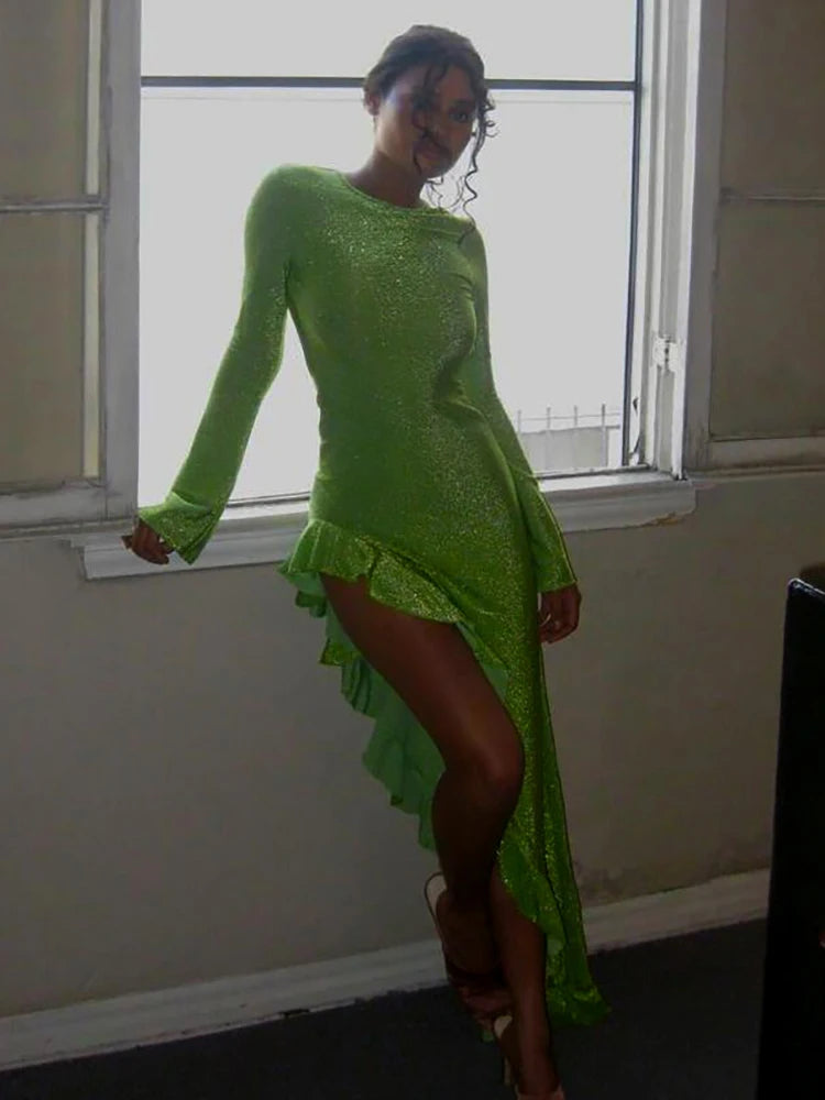 Glitter Thigh High Split Sexy Maxi Dress For Women Gown O Neck Long Sleeve Backless Ruffled Shiny Long Dress Gown