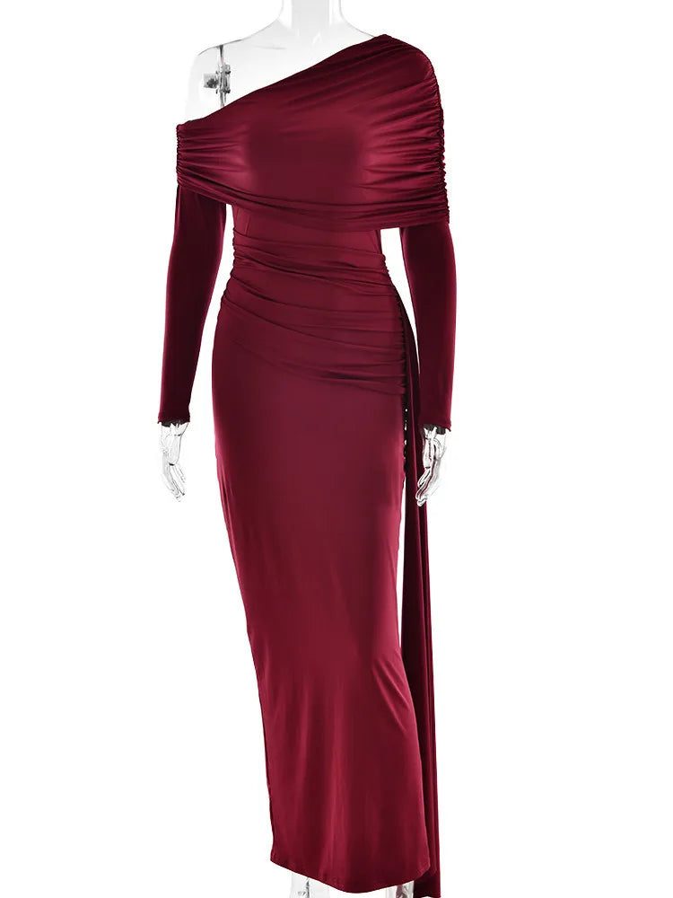Elegant Long Sleeve Slanted Shoulder Party Club Evening Dress For Women 2025 New Dress Sexy Shrink Fold Winter Vestidos