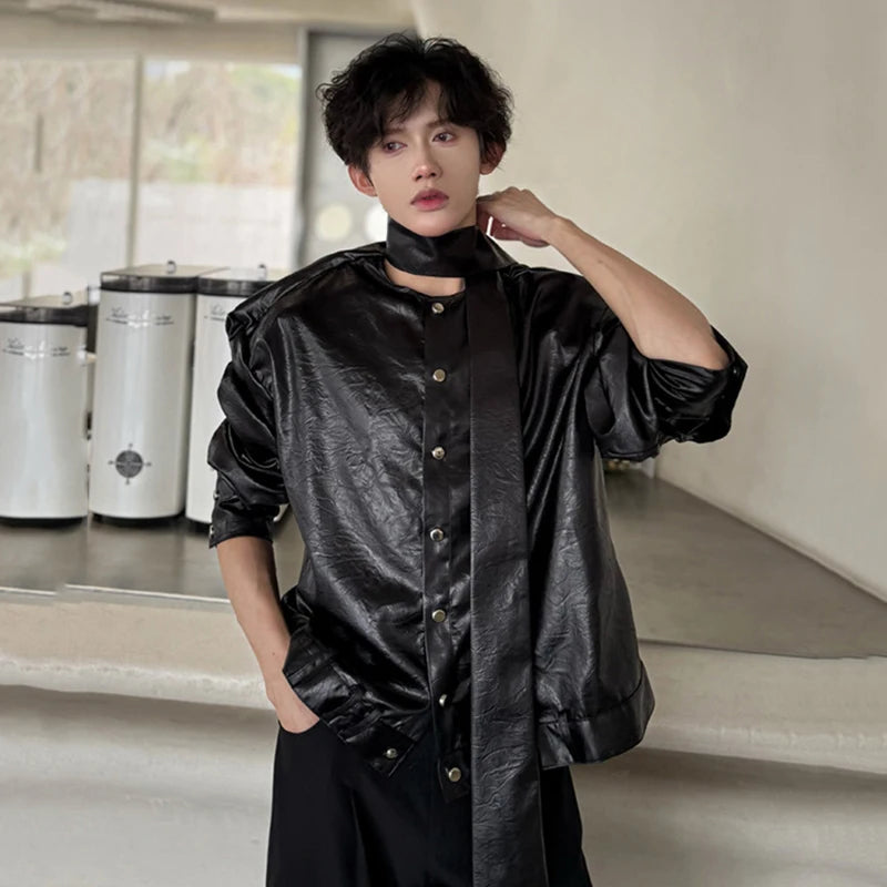 Men's Shirts Long Sleeve New Spring Ribbon Design Solid Color Loose Korean Style Single Breasted Shirt Personality 9W1757