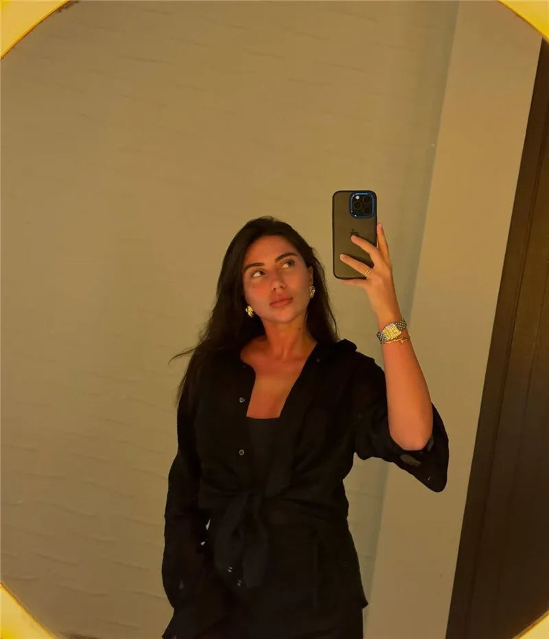 Summer Beach Two Piece Sets Women Long Sleeve Shirt And Mini Skirt Female See Through Loose 2 Piece Set Beachwear