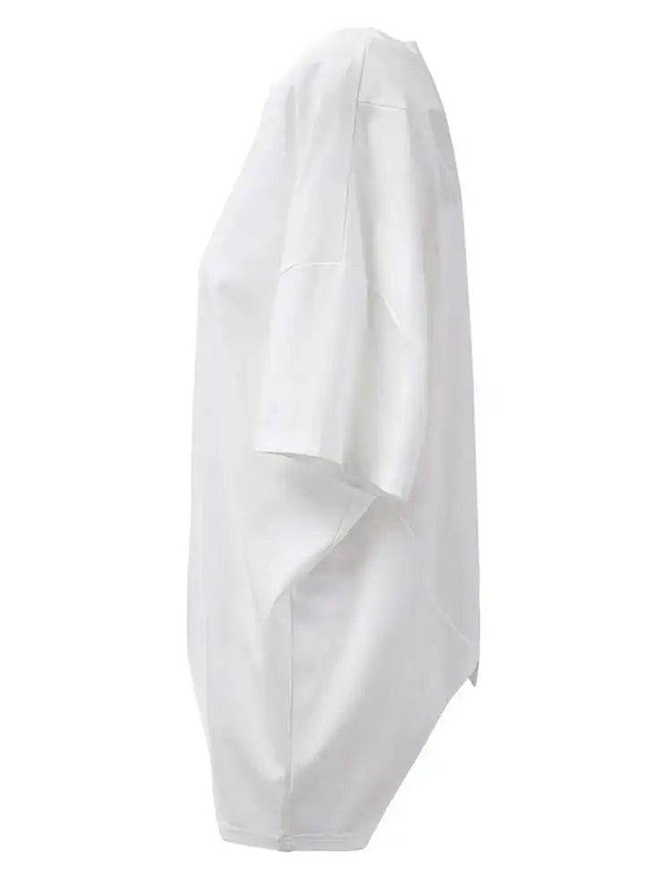 Women Black Irregular Topstitched Big Size Casual T-shirt New Round Neck Short Sleeve Fashion Spring Summer 2025 CPG1353