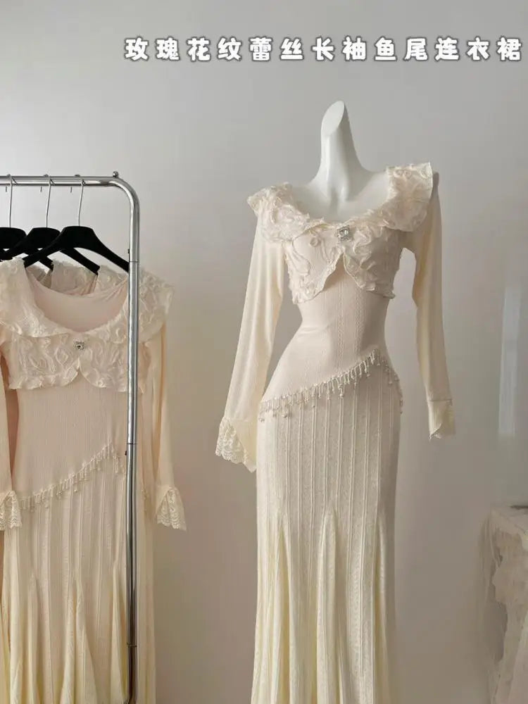French Fashion Women's Beige Lace Tassel Long Sleeve Ruffles Dress 2024 Autumn Vintage New High Waist Pleated Fishtail Dresses