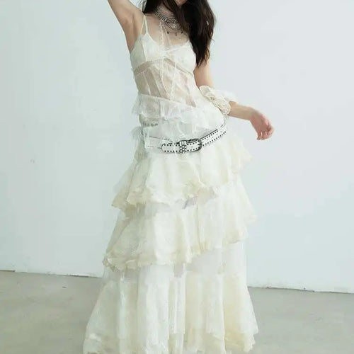 Load image into Gallery viewer, Women Beige Lace Perspective Long Spaghetti Strap Dress New V-Neck Sleeveless Fashion Tide Spring Autumn 2025 1DJ0684
