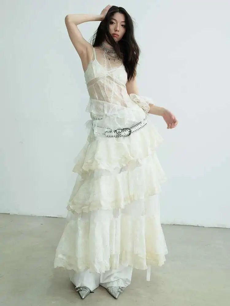 Women Beige Lace Perspective Long Spaghetti Strap Dress New V-Neck Sleeveless Fashion Tide Spring Autumn 2025 1DJ0684