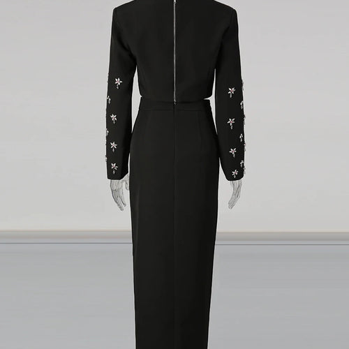 Load image into Gallery viewer, Solid Spliced Bead Lusurious Two Piece Sets for Women O Neck Long Sleeves Top High Waist Split Skirt Set Female New
